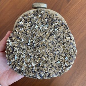 Gold sequin teardrop clutch